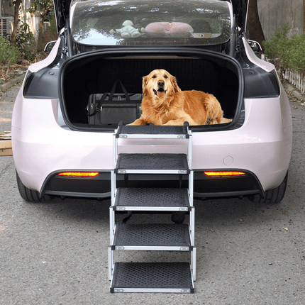 Folding Dog Stair Lightweight Aluminium Dog Ramp Adjustable Height 5 Steps Pet Ladder Loads up to 70Kg with Non-Slip Surface for Cars Trunk SUV Trucks.