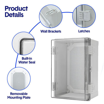 Electrical ABS Junction Box IP66 Waterproof Electrical Enclosure with Clear Hinged Cover and Mounting Plate for Electrical Project 30x20x17cm.