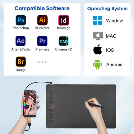 Digital Graphics Tablet Drawing Pad 8192 Levels Large Working Area 285x180mm Compatible with Win/MacOS Support PC/Mobile for Drawing Designing Teaching.