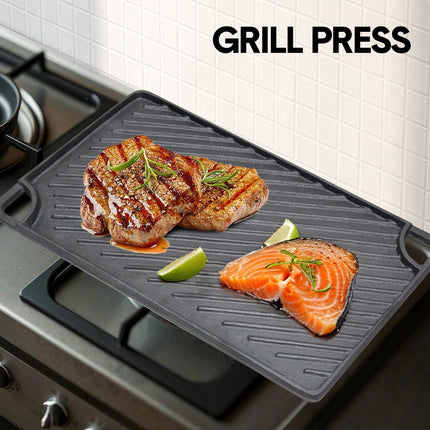 Reversible Cast Iron Griddle Rectangular BBQ Plate 43x24cm Double-Sided Flat Top Griddle Pan and Grooved Grill for Gas Stovetop Oven and Open Fire Black.