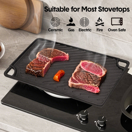 Reversible Cast Iron Griddle Rectangular BBQ Plate 43x24cm Double-Sided Flat Top Griddle Pan and Grooved Grill for Gas Stovetop Oven and Open Fire Black.