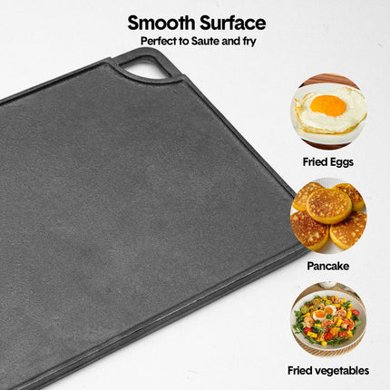 Reversible Cast Iron Griddle Rectangular BBQ Plate 43x24cm Double-Sided Flat Top Griddle Pan and Grooved Grill for Gas Stovetop Oven and Open Fire Black.