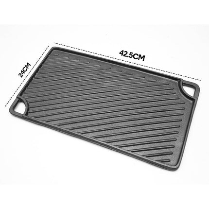 Reversible Cast Iron Griddle Rectangular BBQ Plate 43x24cm Double-Sided Flat Top Griddle Pan and Grooved Grill for Gas Stovetop Oven and Open Fire Black.