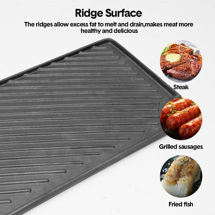 Reversible Cast Iron Griddle Rectangular BBQ Plate 43x24cm Double-Sided Flat Top Griddle Pan and Grooved Grill for Gas Stovetop Oven and Open Fire Black.