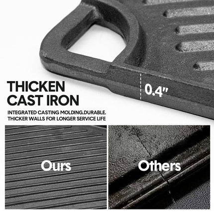 Reversible Cast Iron Griddle Rectangular BBQ Plate 43x24cm Double-Sided Flat Top Griddle Pan and Grooved Grill for Gas Stovetop Oven and Open Fire Black.