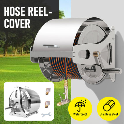 Large Stainless Steel Garden Hose Reel Cart Portable Pipe Holder With Rainproof Sunscreen Protection Lid and Crank Handle.