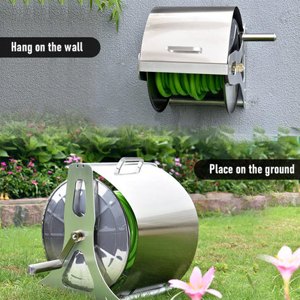 Large Stainless Steel Garden Hose Reel Cart Portable Pipe Holder With Rainproof Sunscreen Protection Lid and Crank Handle.