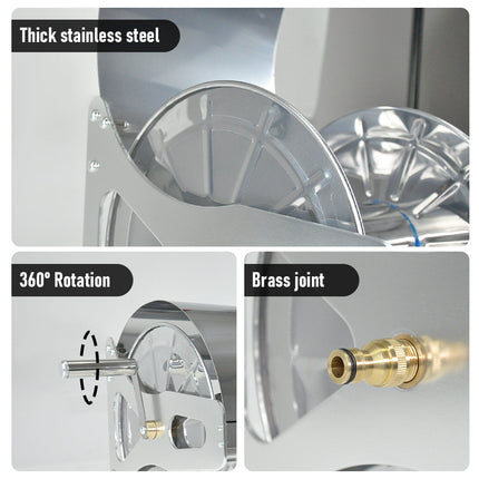 Large Stainless Steel Garden Hose Reel Cart Portable Pipe Holder With Rainproof Sunscreen Protection Lid and Crank Handle.