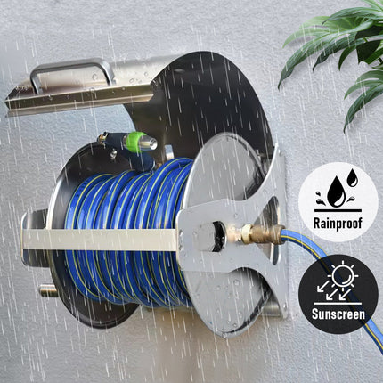 Large Stainless Steel Garden Hose Reel Cart Portable Pipe Holder With Rainproof Sunscreen Protection Lid and Crank Handle.