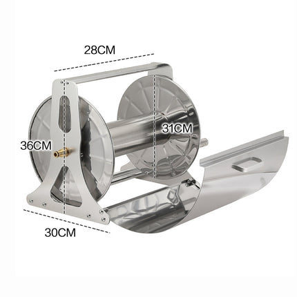 Large Stainless Steel Garden Hose Reel Cart Portable Pipe Holder With Rainproof Sunscreen Protection Lid and Crank Handle.