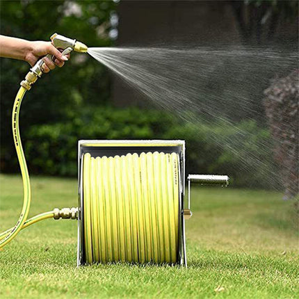 Large Stainless Steel Garden Hose Reel Cart Portable Pipe Holder With Rainproof Sunscreen Protection Lid and Crank Handle.