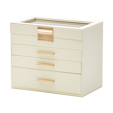 4 Layer Jewelry Box PU Leather Jewellery Organizer Multi-functional Storage Case with Clear Glass Lid and 3 Drawers for Necklaces Rings Earrings Watches.