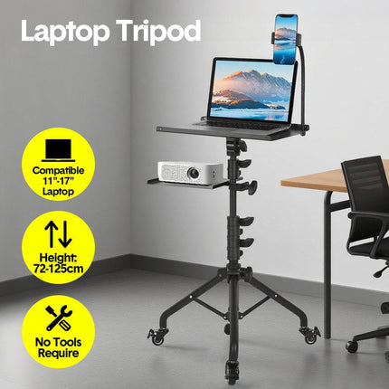 Mobile Laptop Tripod Stand 11-16 Inch on Wheels 82-170cm Height Adjustable Projector Stand Portable Stand with Gooseneck Phone Holder for Home Office.