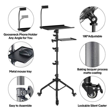 Mobile Laptop Tripod Stand 11-16 Inch on Wheels 82-170cm Height Adjustable Projector Stand Portable Stand with Gooseneck Phone Holder for Home Office.