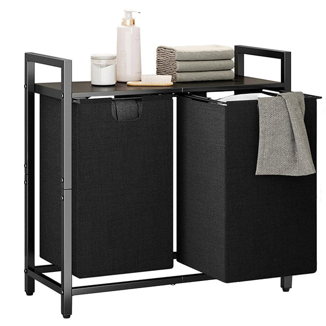 Laundry Hamper Basket Metal Laundry Organizer with MDF Shelf and 2 Waterproof Pull-Out Removable Dirty Clothes Bags for Laundry Room Bedroom Bathroom Dorm.