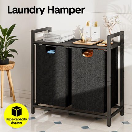 Laundry Hamper Basket Metal Laundry Organizer with MDF Shelf and 2 Waterproof Pull-Out Removable Dirty Clothes Bags for Laundry Room Bedroom Bathroom Dorm.