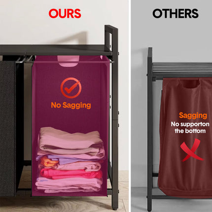 Laundry Hamper Basket Metal Laundry Organizer with MDF Shelf and 2 Waterproof Pull-Out Removable Dirty Clothes Bags for Laundry Room Bedroom Bathroom Dorm.