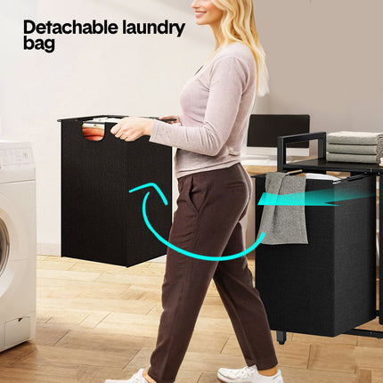 Laundry Hamper Basket Metal Laundry Organizer with MDF Shelf and 2 Waterproof Pull-Out Removable Dirty Clothes Bags for Laundry Room Bedroom Bathroom Dorm.
