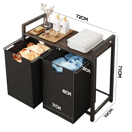 Laundry Hamper Basket Metal Laundry Organizer with MDF Shelf and 2 Waterproof Pull-Out Removable Dirty Clothes Bags for Laundry Room Bedroom Bathroom Dorm.