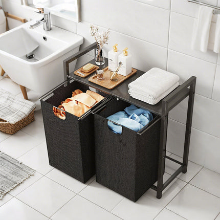 Laundry Hamper Basket Metal Laundry Organizer with MDF Shelf and 2 Waterproof Pull-Out Removable Dirty Clothes Bags for Laundry Room Bedroom Bathroom Dorm.