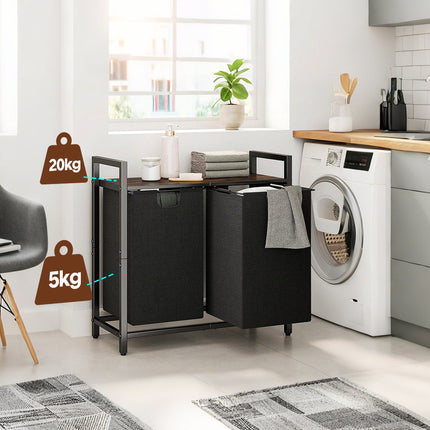 Laundry Hamper Basket Metal Laundry Organizer with MDF Shelf and 2 Waterproof Pull-Out Removable Dirty Clothes Bags for Laundry Room Bedroom Bathroom Dorm.