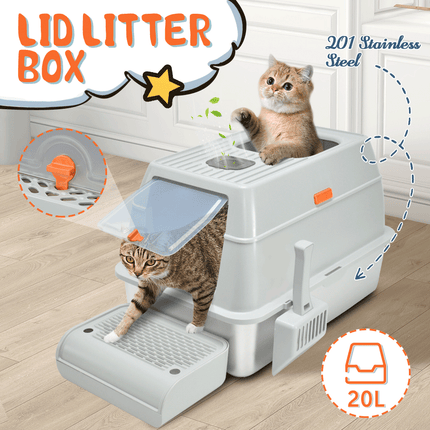 20L Large Anti-Leak Enclosed Cat Litter Box Stainless Steel Detachable Kitty Litter Tray with ABS Lid High Sides Scoop and Ramp Easy Cleaning Light Grey.