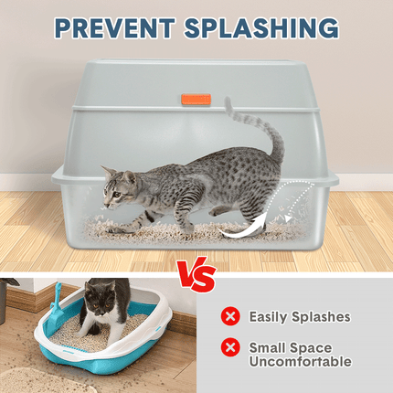 20L Large Anti-Leak Enclosed Cat Litter Box Stainless Steel Detachable Kitty Litter Tray with ABS Lid High Sides Scoop and Ramp Easy Cleaning Light Grey.