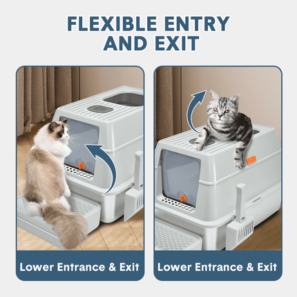 20L Large Anti-Leak Enclosed Cat Litter Box Stainless Steel Detachable Kitty Litter Tray with ABS Lid High Sides Scoop and Ramp Easy Cleaning Light Grey.