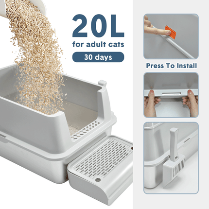 20L Large Anti-Leak Enclosed Cat Litter Box Stainless Steel Detachable Kitty Litter Tray with ABS Lid High Sides Scoop and Ramp Easy Cleaning Light Grey.