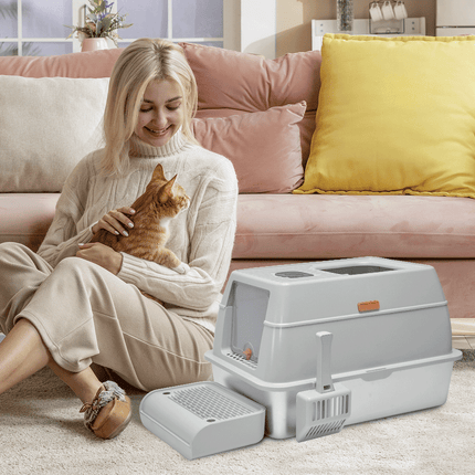 20L Large Anti-Leak Enclosed Cat Litter Box Stainless Steel Detachable Kitty Litter Tray with ABS Lid High Sides Scoop and Ramp Easy Cleaning Light Grey.