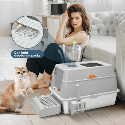 20L Large Anti-Leak Enclosed Cat Litter Box Stainless Steel Detachable Kitty Litter Tray with ABS Lid High Sides Scoop and Ramp Easy Cleaning Light Grey.