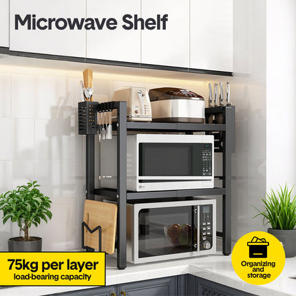 3-Tier Microwave Stand Oven Rack Height Adjustable and Extendable Stainless Steel Kitchen Storage Shelf With 6 Hook Over the Kitchen Counter Max Load 75Kgs.