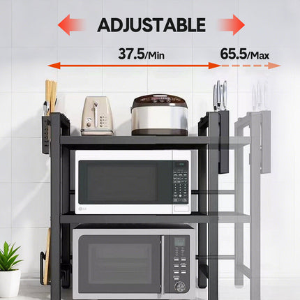 3-Tier Microwave Stand Oven Rack Height Adjustable and Extendable Stainless Steel Kitchen Storage Shelf With 6 Hook Over the Kitchen Counter Max Load 75Kgs.