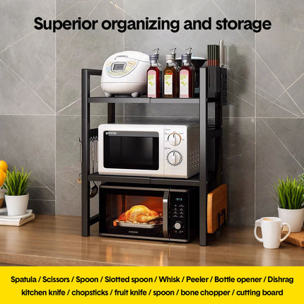 3-Tier Microwave Stand Oven Rack Height Adjustable and Extendable Stainless Steel Kitchen Storage Shelf With 6 Hook Over the Kitchen Counter Max Load 75Kgs.