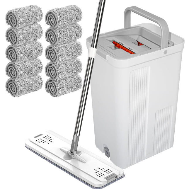 Flat D Set Mop and Bucket Wringer Set with Stainless-Steel Handle 10 Washable and Reusable Microfiber Pads for Hardwood Laminate Floors Tile.