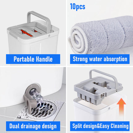 Flat D Set Mop and Bucket Wringer Set with Stainless-Steel Handle 10 Washable and Reusable Microfiber Pads for Hardwood Laminate Floors Tile.