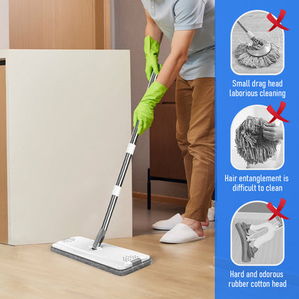 Flat D Set Mop and Bucket Wringer Set with Stainless-Steel Handle 10 Washable and Reusable Microfiber Pads for Hardwood Laminate Floors Tile.