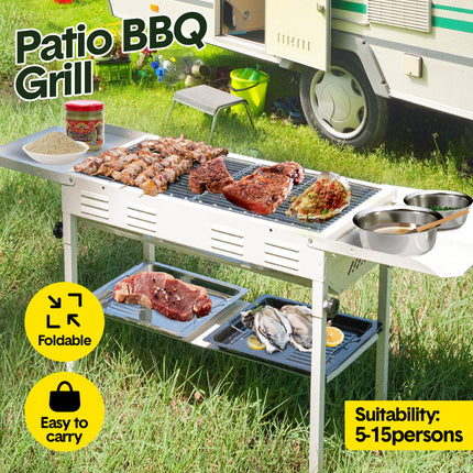 Portable Large Barbecue Charcoal Grill Stove Foldable Kebab Stainless Steel BBQ Grill With 2 Grill Nets 2 Enamel Baking Pans And Tong Outdoor Camping Patio.