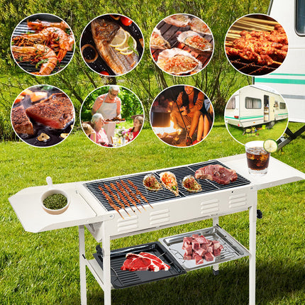 Portable Large Barbecue Charcoal Grill Stove Foldable Kebab Stainless Steel BBQ Grill With 2 Grill Nets 2 Enamel Baking Pans And Tong Outdoor Camping Patio.