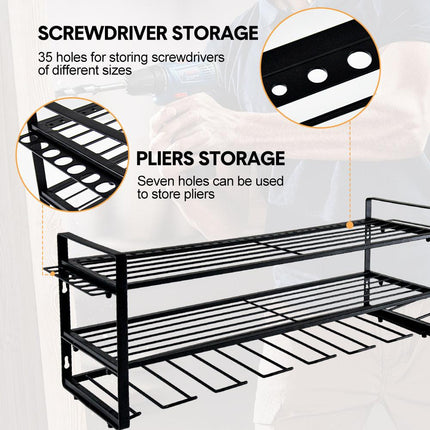 Power Tool Organizer Wall Mount 7 Drill Holder 3 Layer Heavy Duty Metal for Drill Plier Hammer Rack Suitable for Workshop Garage.