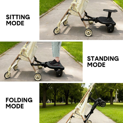 Universal Pram Board Seat and Stand Up Adjustable Buggy Board Pushchair with Bear Pattern Removable Seat Fits Most Strollers Holds Children Up to 25kg.