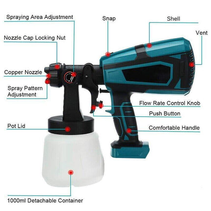 1400ml Cordless High Pressure Spray Gun Flow Adjustable Spray Gun Paint Sprayer Home Interior Exterior With 2 Nozzles For Makita 21V Battery-Skin Only.