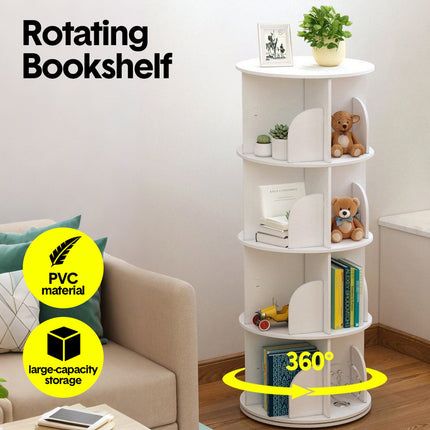 4 Tier Rotating Bookshelf PVC Freestanding Corner Rack Bookcase Multifunctional Spinning 360 Storage Shelf Organizer for Home Office Space-Saving White.