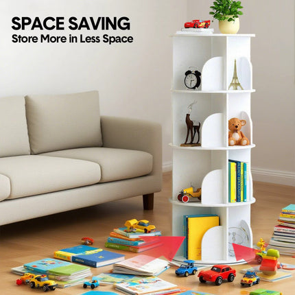 4 Tier Rotating Bookshelf PVC Freestanding Corner Rack Bookcase Multifunctional Spinning 360 Storage Shelf Organizer for Home Office Space-Saving White.