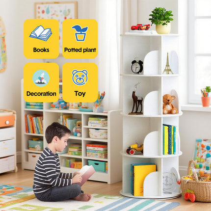 4 Tier Rotating Bookshelf PVC Freestanding Corner Rack Bookcase Multifunctional Spinning 360 Storage Shelf Organizer for Home Office Space-Saving White.