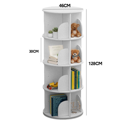 4 Tier Rotating Bookshelf PVC Freestanding Corner Rack Bookcase Multifunctional Spinning 360 Storage Shelf Organizer for Home Office Space-Saving White.