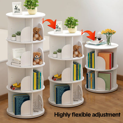 4 Tier Rotating Bookshelf PVC Freestanding Corner Rack Bookcase Multifunctional Spinning 360 Storage Shelf Organizer for Home Office Space-Saving White.