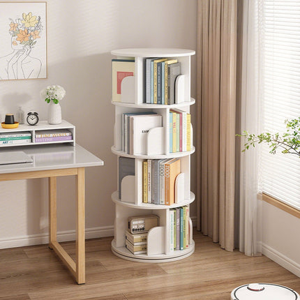 4 Tier Rotating Bookshelf PVC Freestanding Corner Rack Bookcase Multifunctional Spinning 360 Storage Shelf Organizer for Home Office Space-Saving White.
