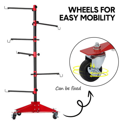Universal Auto Paint Stand Panel Tree Paint Rotating Stand Center Post Hang Paint Spray with 4 Wheels and 6 Hooks for Automotive Doors Fenders Bumpers.