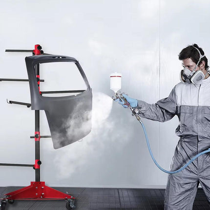 Universal Auto Paint Stand Panel Tree Paint Rotating Stand Center Post Hang Paint Spray with 4 Wheels and 6 Hooks for Automotive Doors Fenders Bumpers.